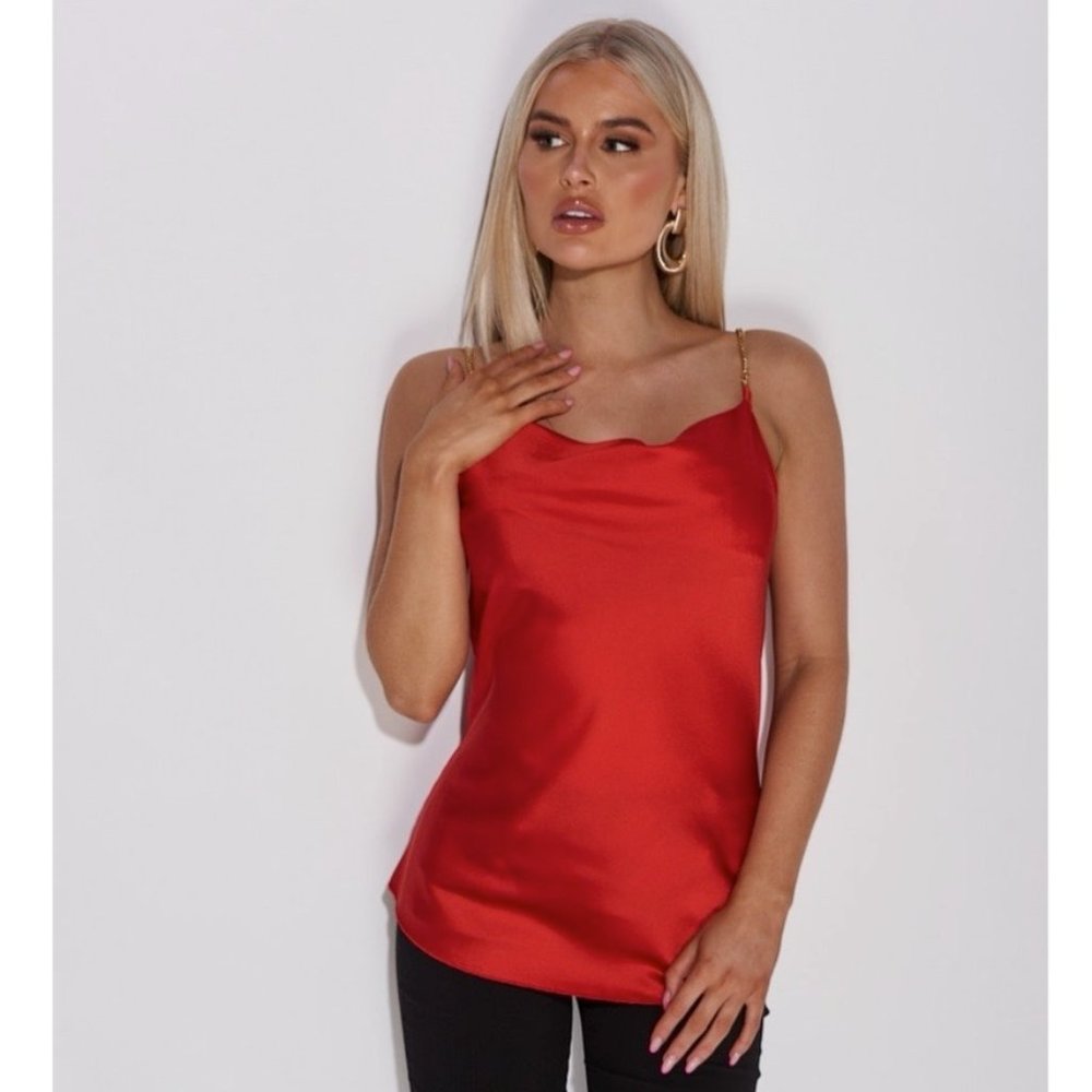 Red Satin Silk Sleeveless Chain Strap Cowl Neck Top Blouse - Picture 7 of 11